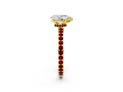 Yellow gold Pear Cut Diamond Pavé Engagement Ring with Round with Garnet side stone Accents and Prong Setting_2