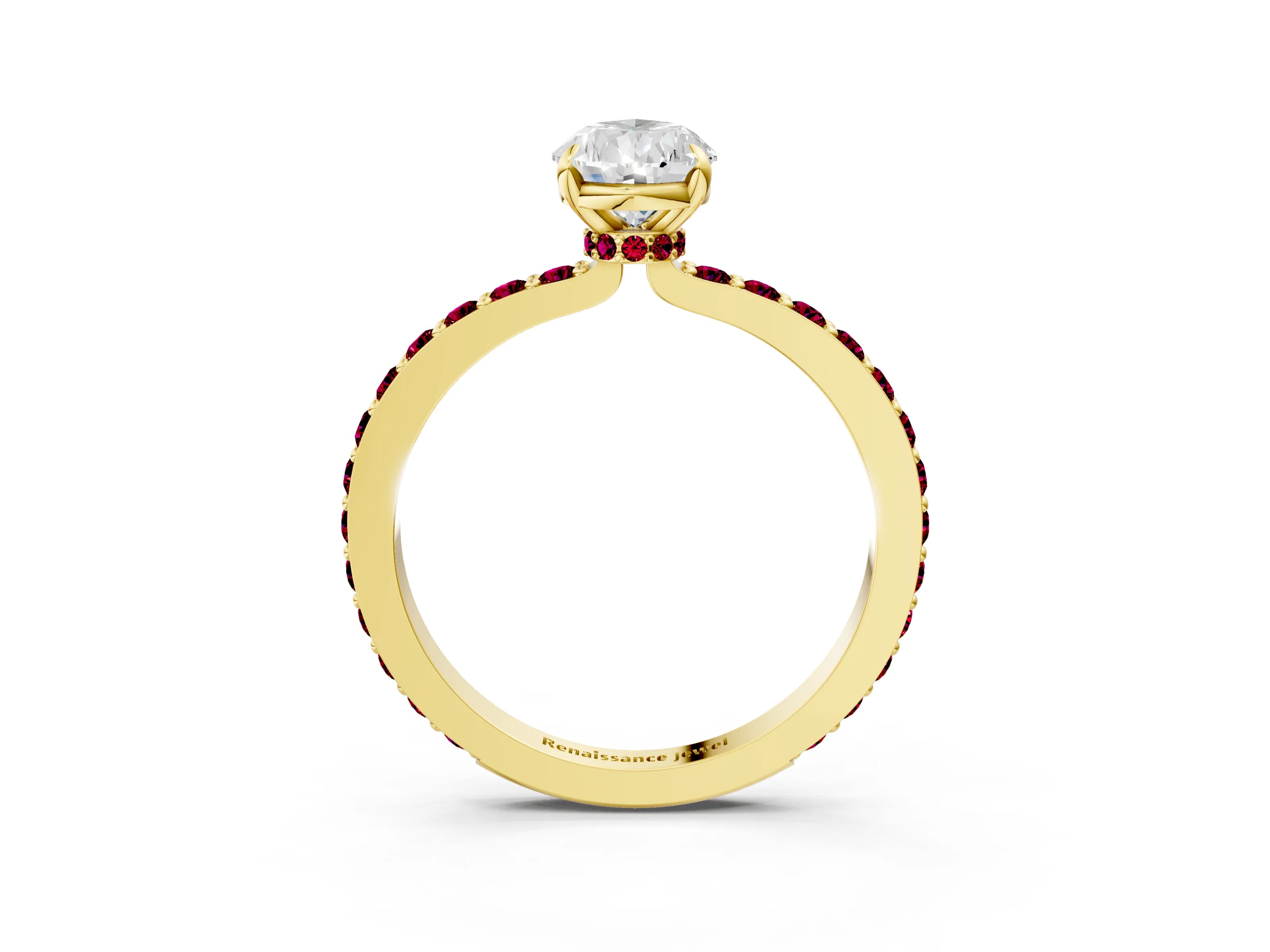 Yellow gold Pear Cut Diamond Pavé Engagement Ring with Round with Garnet side stone Accents and Prong Setting_3