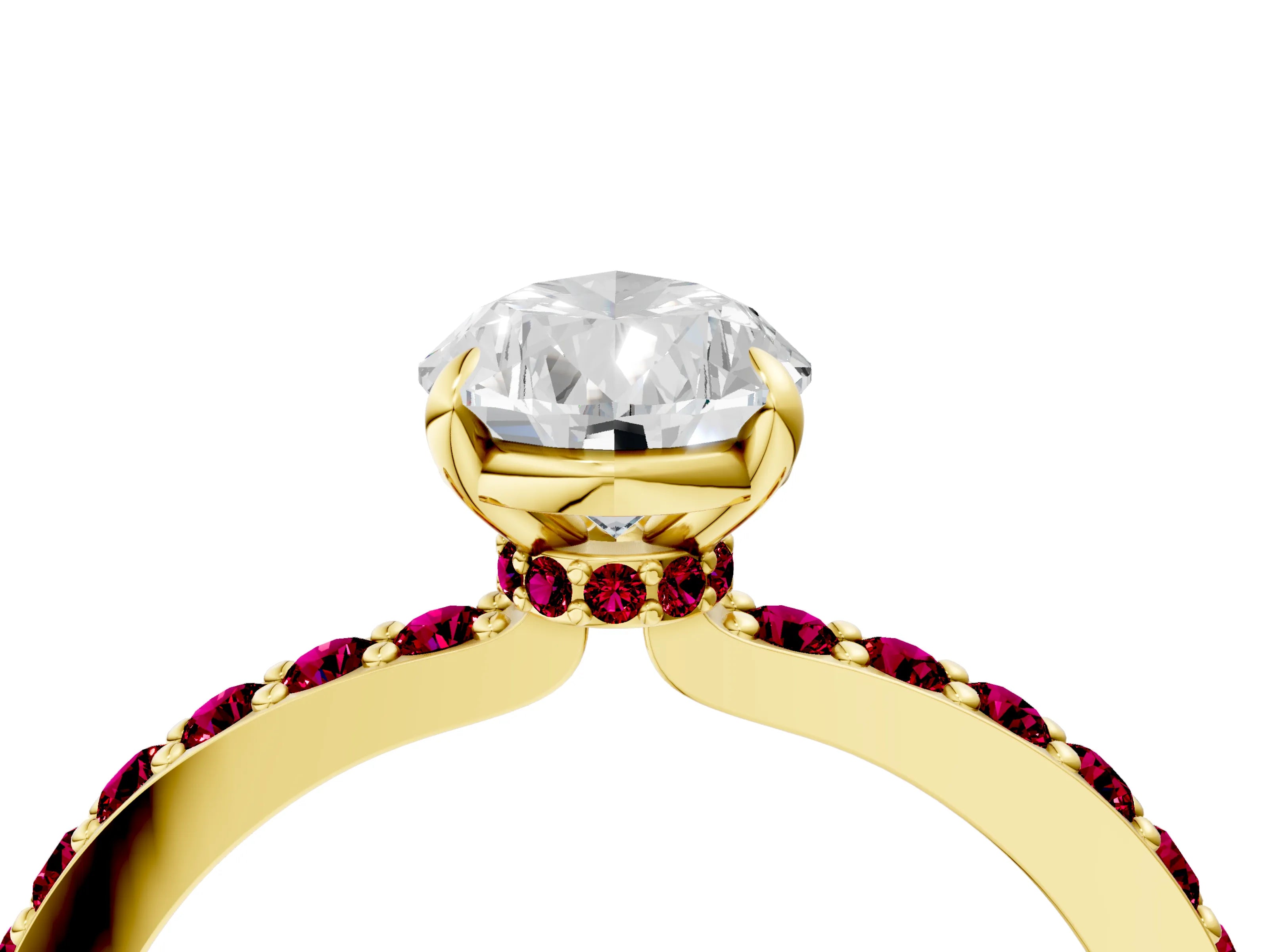 Yellow gold Pear Cut Diamond Pavé Engagement Ring with Round with Garnet side stone Accents and Prong Setting_4