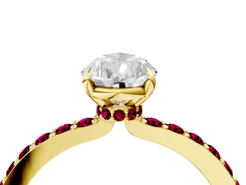 Yellow gold Pear Cut Diamond Pavé Engagement Ring with Round with Garnet side stone Accents and Prong Setting_4