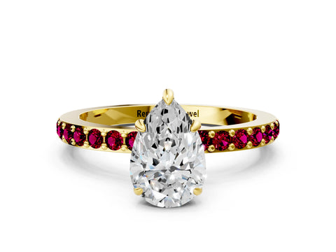 Yellow gold Pear Cut Diamond Pavé Engagement Ring with Round with Garnet side stone Accents and Prong Setting