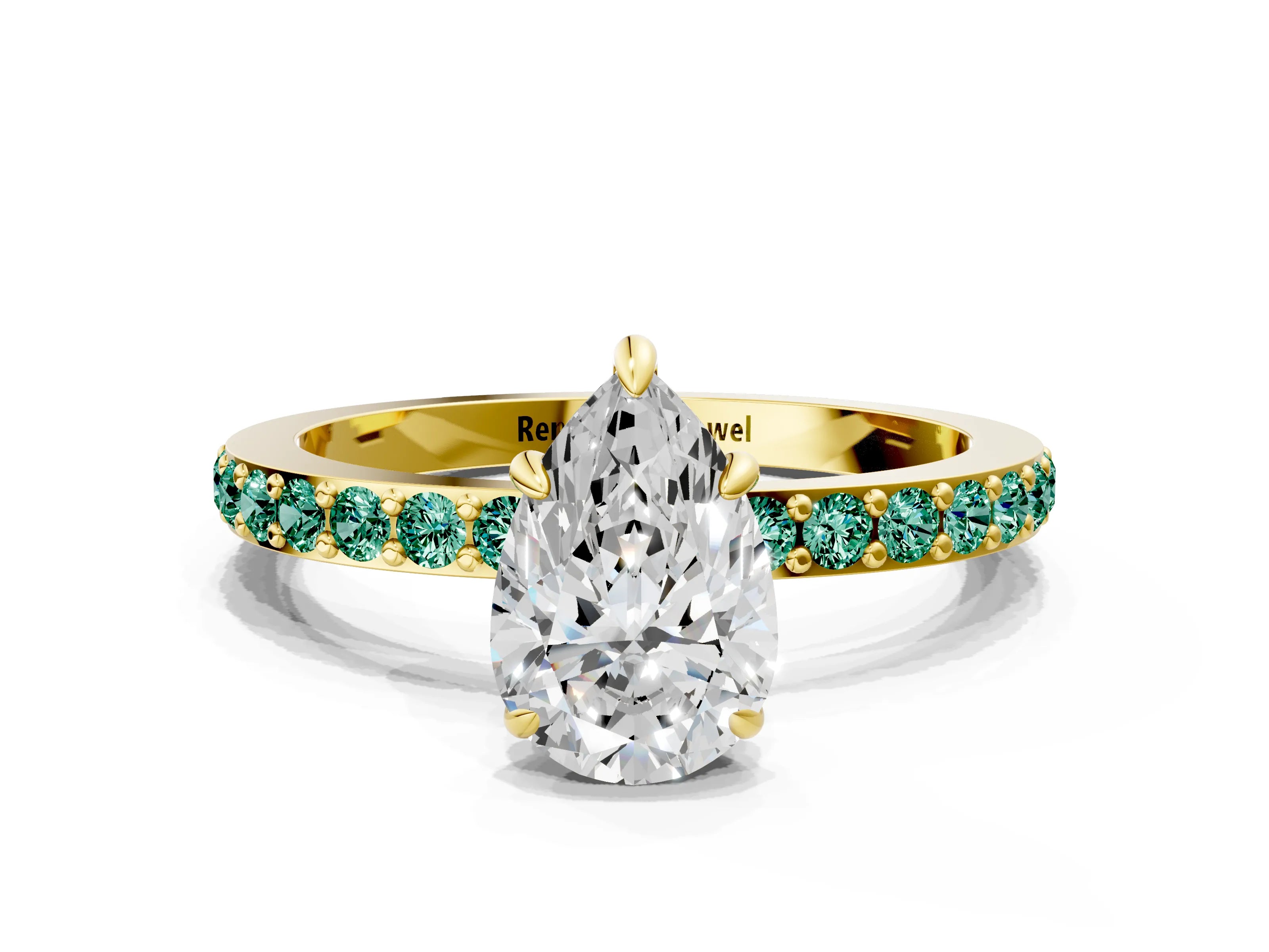 Yellow gold Pear Cut Diamond Pavé Engagement Ring with Round with Green Sapphire side stone Accents and Prong Setting