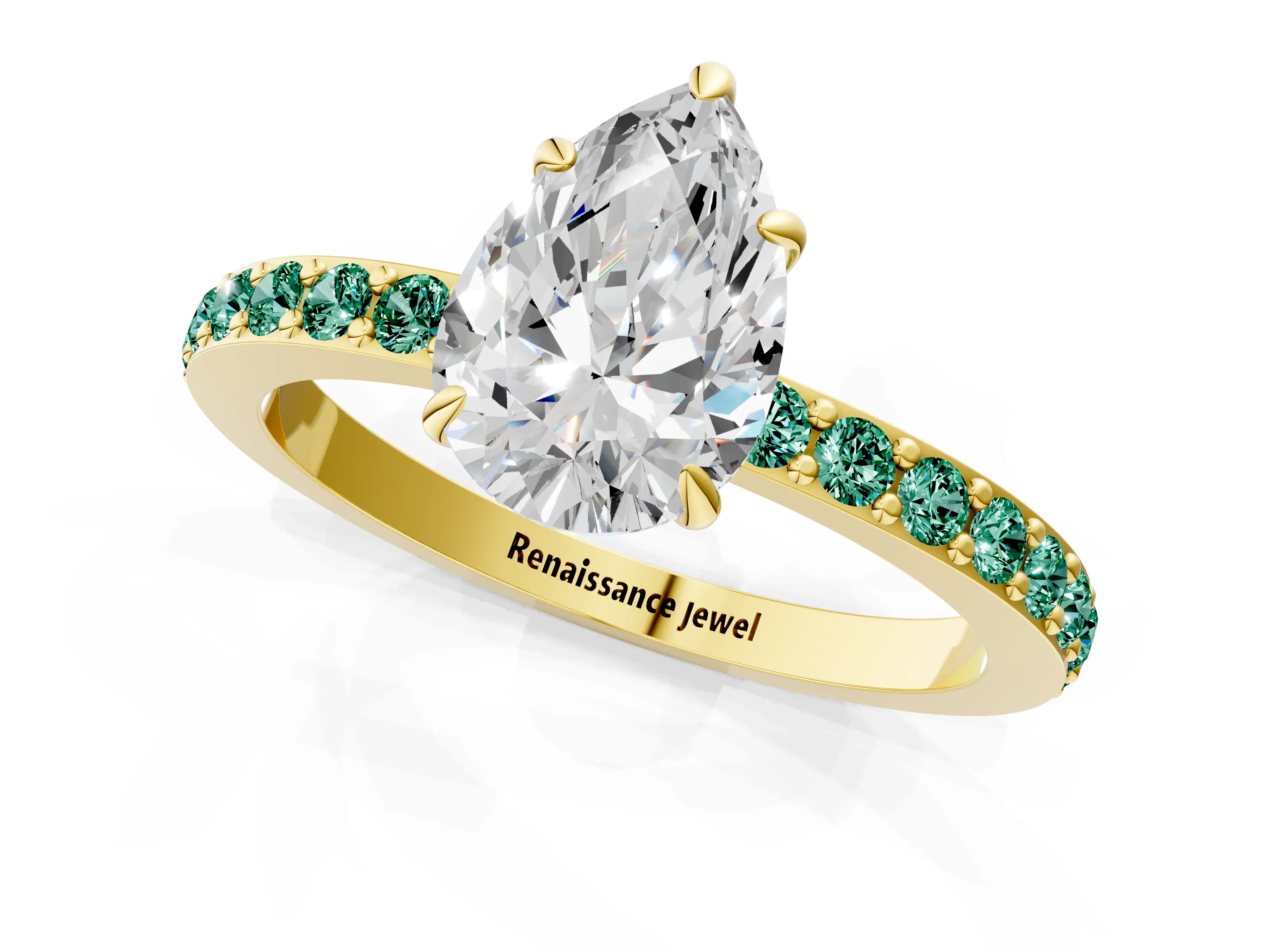 Yellow gold Pear Cut Diamond Pavé Engagement Ring with Round with Green Sapphire side stone Accents and Prong Setting_1