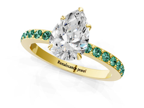 Yellow gold Pear Cut Diamond Pavé Engagement Ring with Round with Green Sapphire side stone Accents and Prong Setting_1