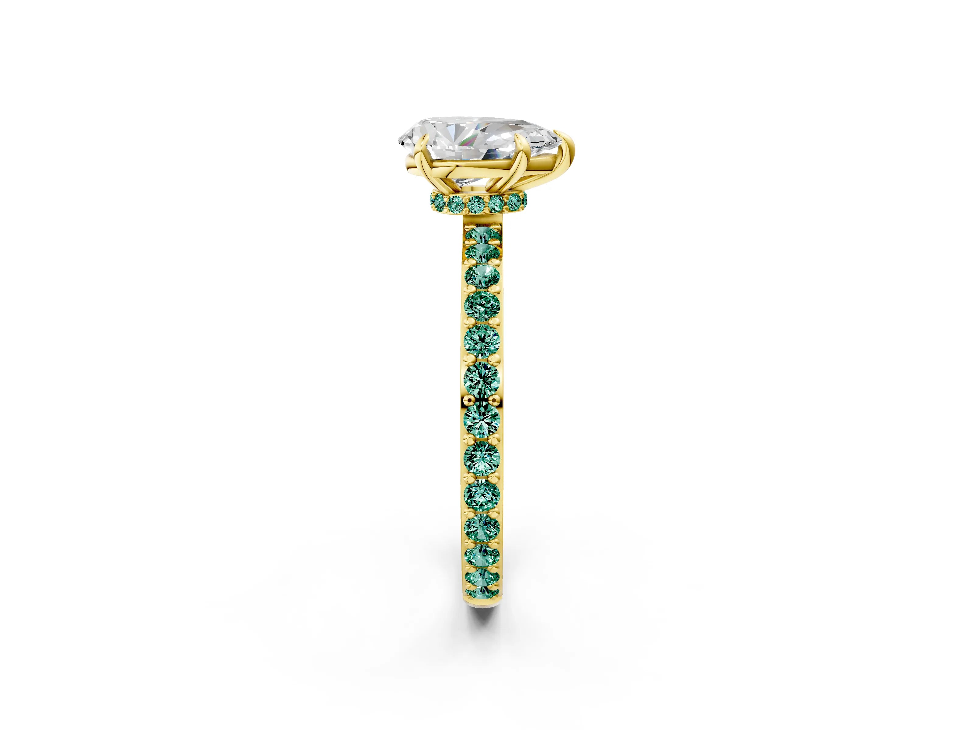 Yellow gold Pear Cut Diamond Pavé Engagement Ring with Round with Green Sapphire side stone Accents and Prong Setting_2