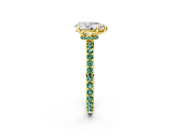 Yellow gold Pear Cut Diamond Pavé Engagement Ring with Round with Green Sapphire side stone Accents and Prong Setting
