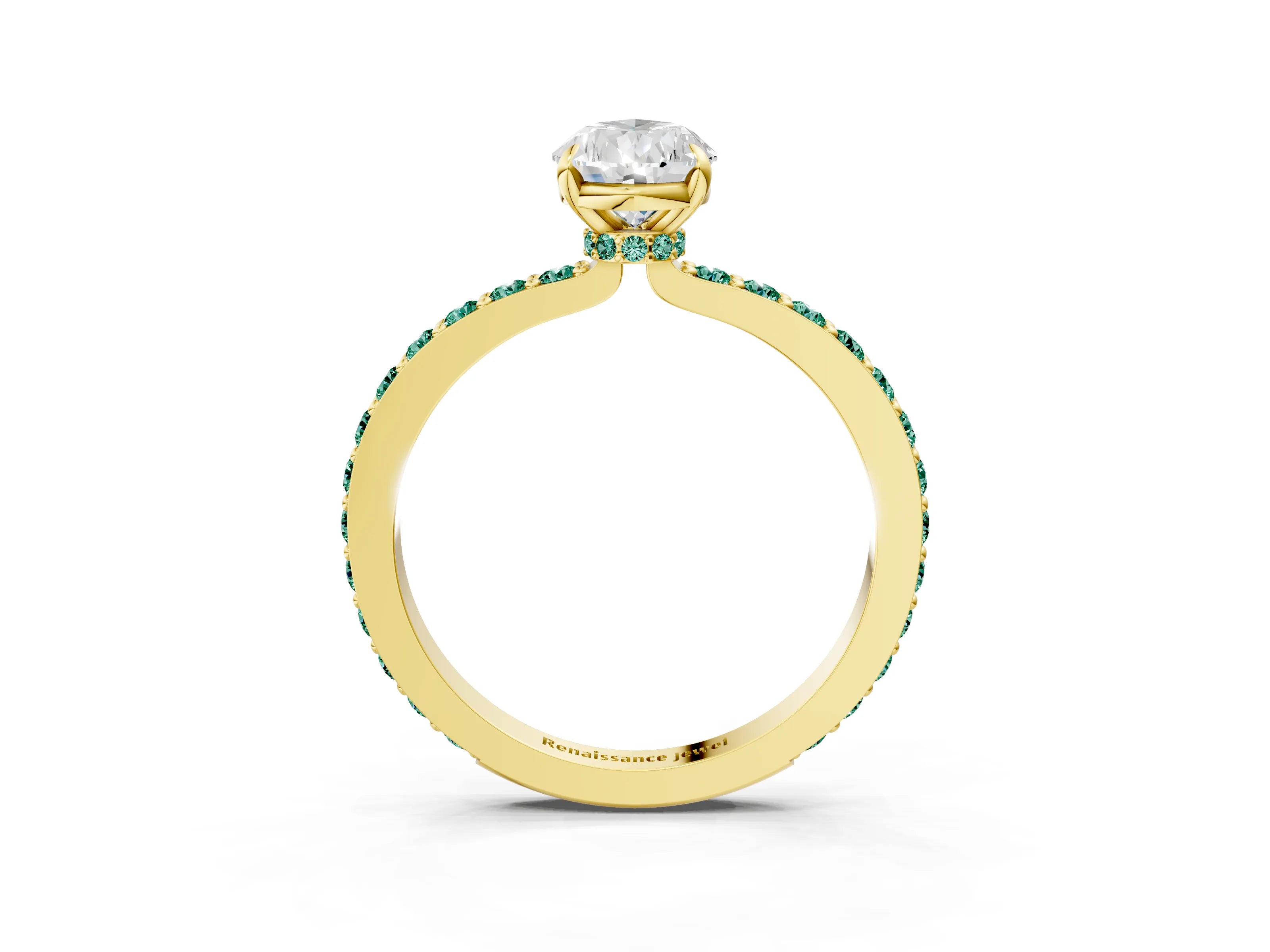Yellow gold Pear Cut Diamond Pavé Engagement Ring with Round with Green Sapphire side stone Accents and Prong Setting_3