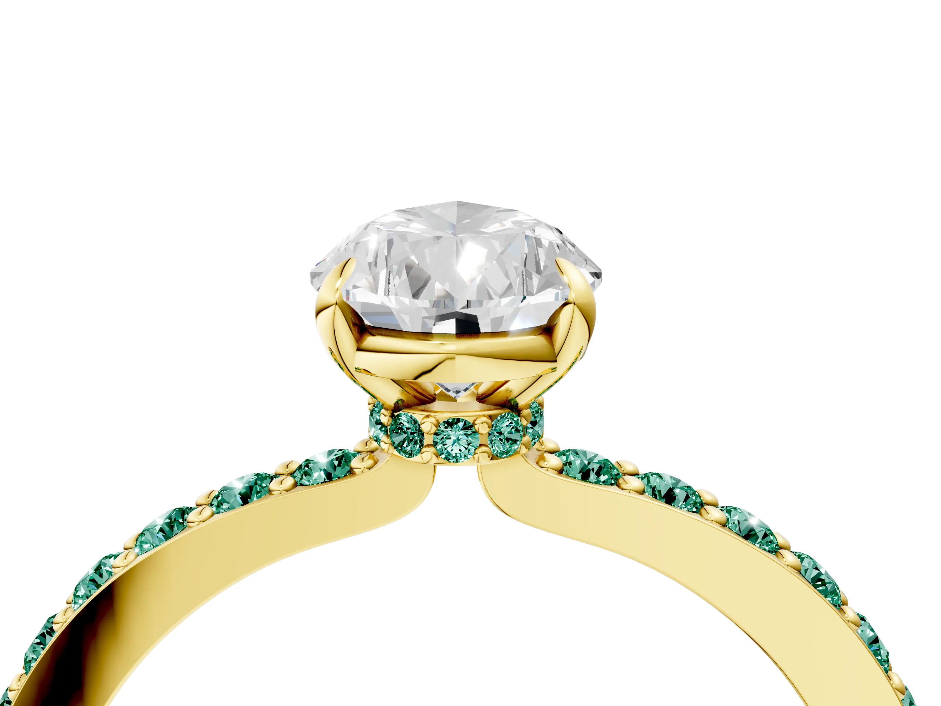 Yellow gold Pear Cut Diamond Pavé Engagement Ring with Round with Green Sapphire side stone Accents and Prong Setting_4
