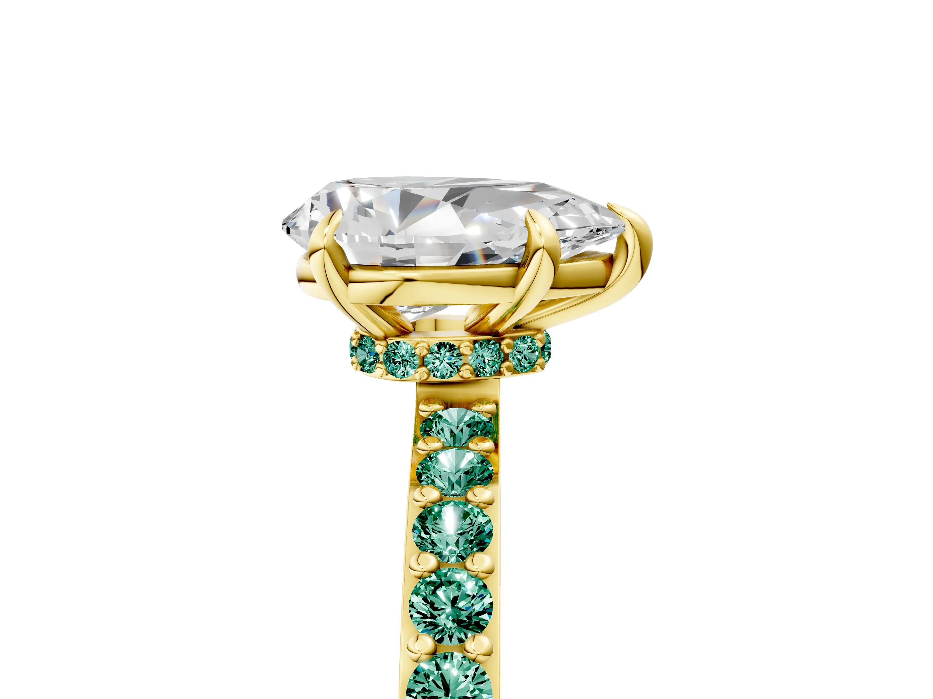 Yellow gold Pear Cut Diamond Pavé Engagement Ring with Round with Green Sapphire side stone Accents and Prong Setting_5