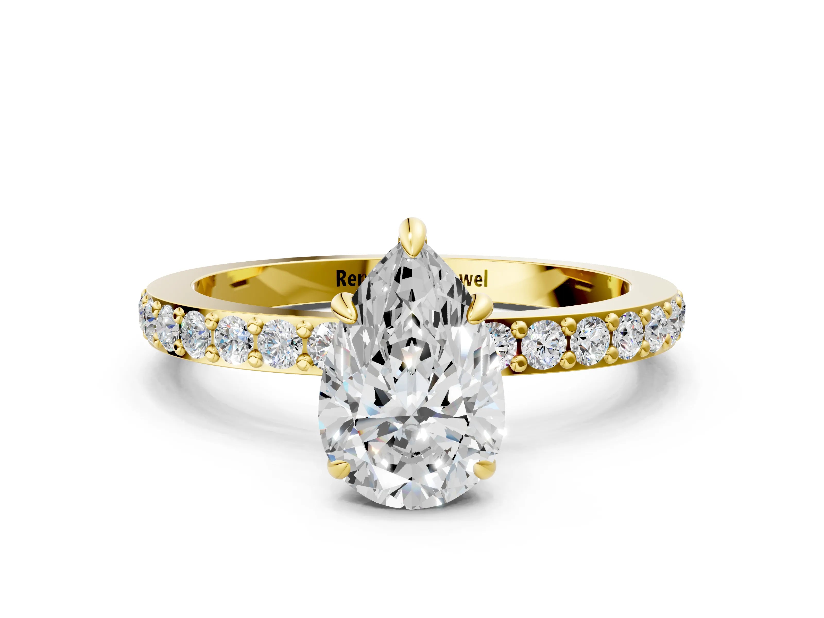 Yellow gold Pear Cut Diamond Pavé Engagement Ring with Round with Moissanite side stone Accents and Prong Setting
