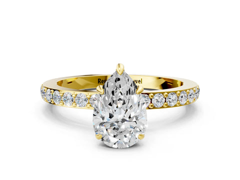 Yellow gold Pear Cut Diamond Pavé Engagement Ring with Round with Moissanite side stone Accents and Prong Setting