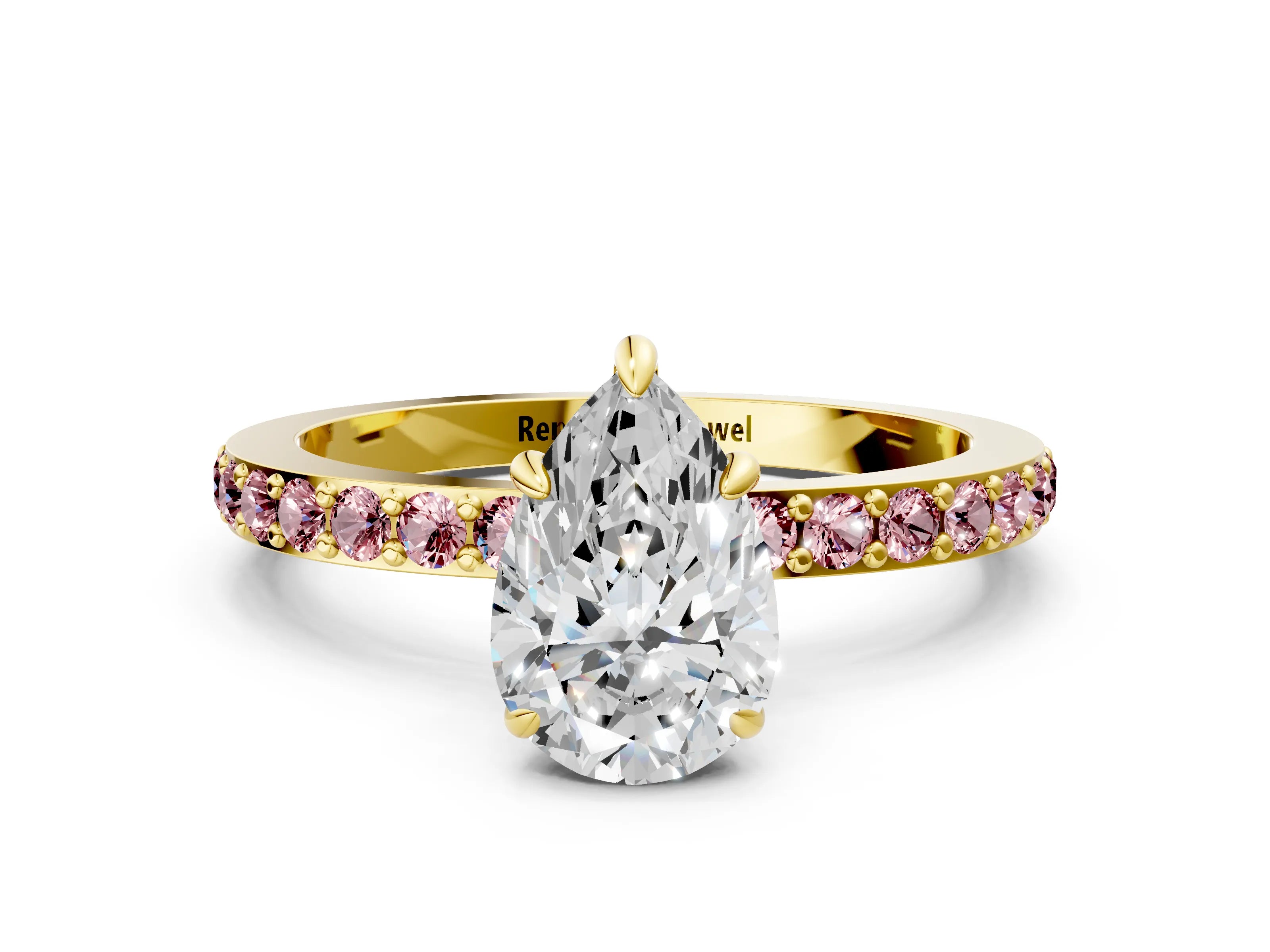 Yellow gold Pear Cut Diamond Pavé Engagement Ring with Round with Morganite side stone Accents and Prong Setting