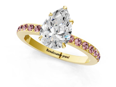 Yellow gold Pear Cut Diamond Pavé Engagement Ring with Round with Morganite side stone Accents and Prong Setting_1