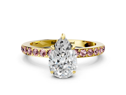 Yellow gold Pear Cut Diamond Pavé Engagement Ring with Round with Morganite side stone Accents and Prong Setting