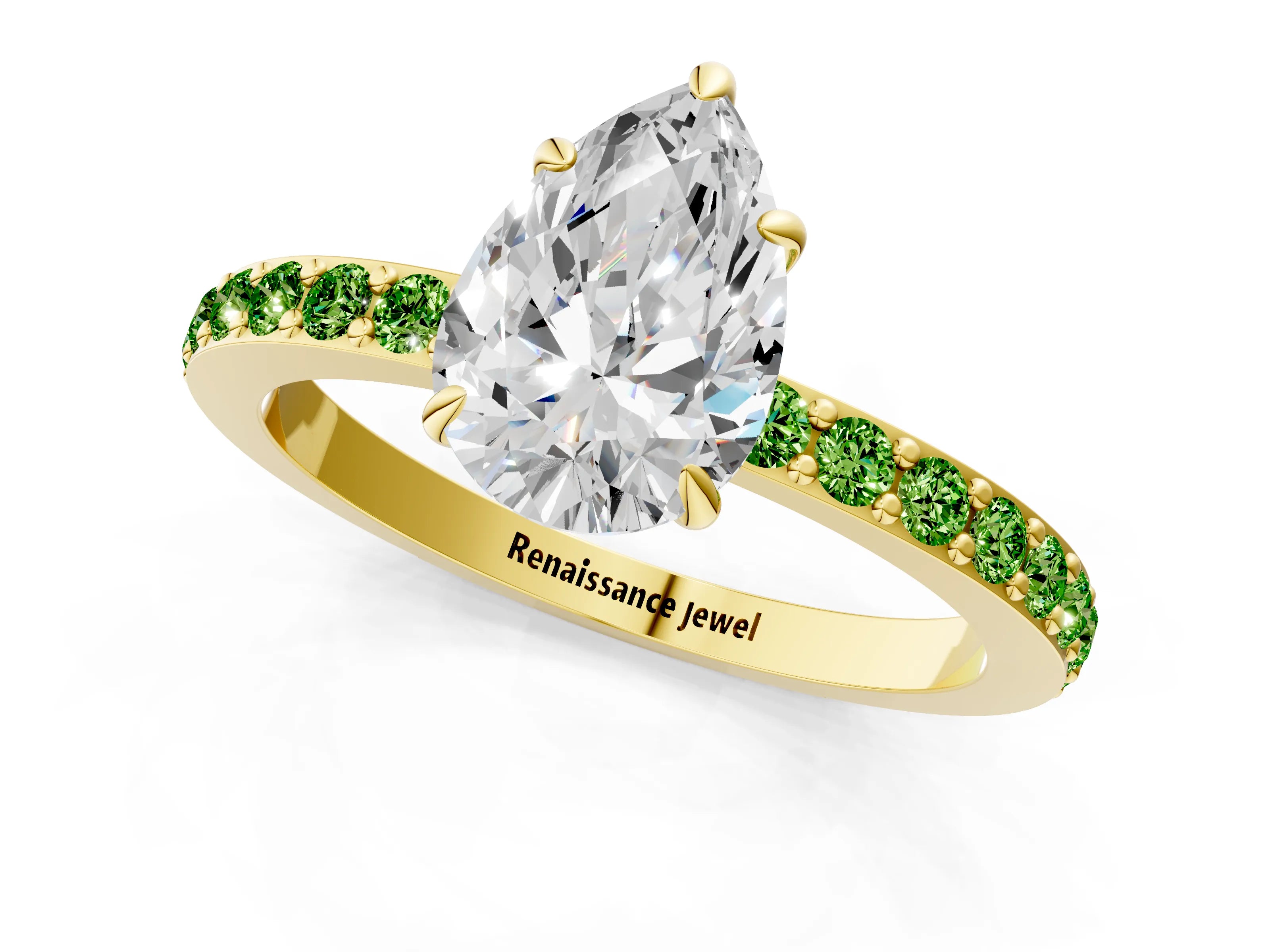 Yellow gold Pear Cut Diamond Pavé Engagement Ring with Round with Peridot side stone Accents and Prong Setting_1