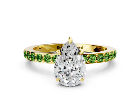 Yellow gold Pear Cut Diamond Pavé Engagement Ring with Round with Peridot side stone Accents and Prong Setting