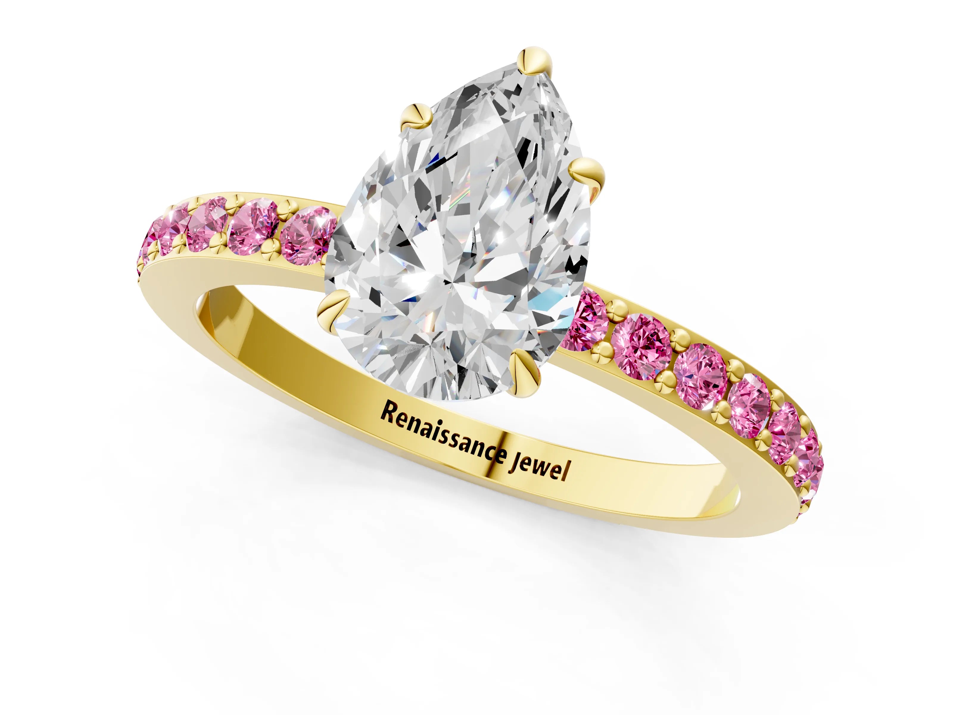 Yellow gold Pear Cut Diamond Pavé Engagement Ring with Round with Pink Sapphire side stone Accents and Prong Setting_1