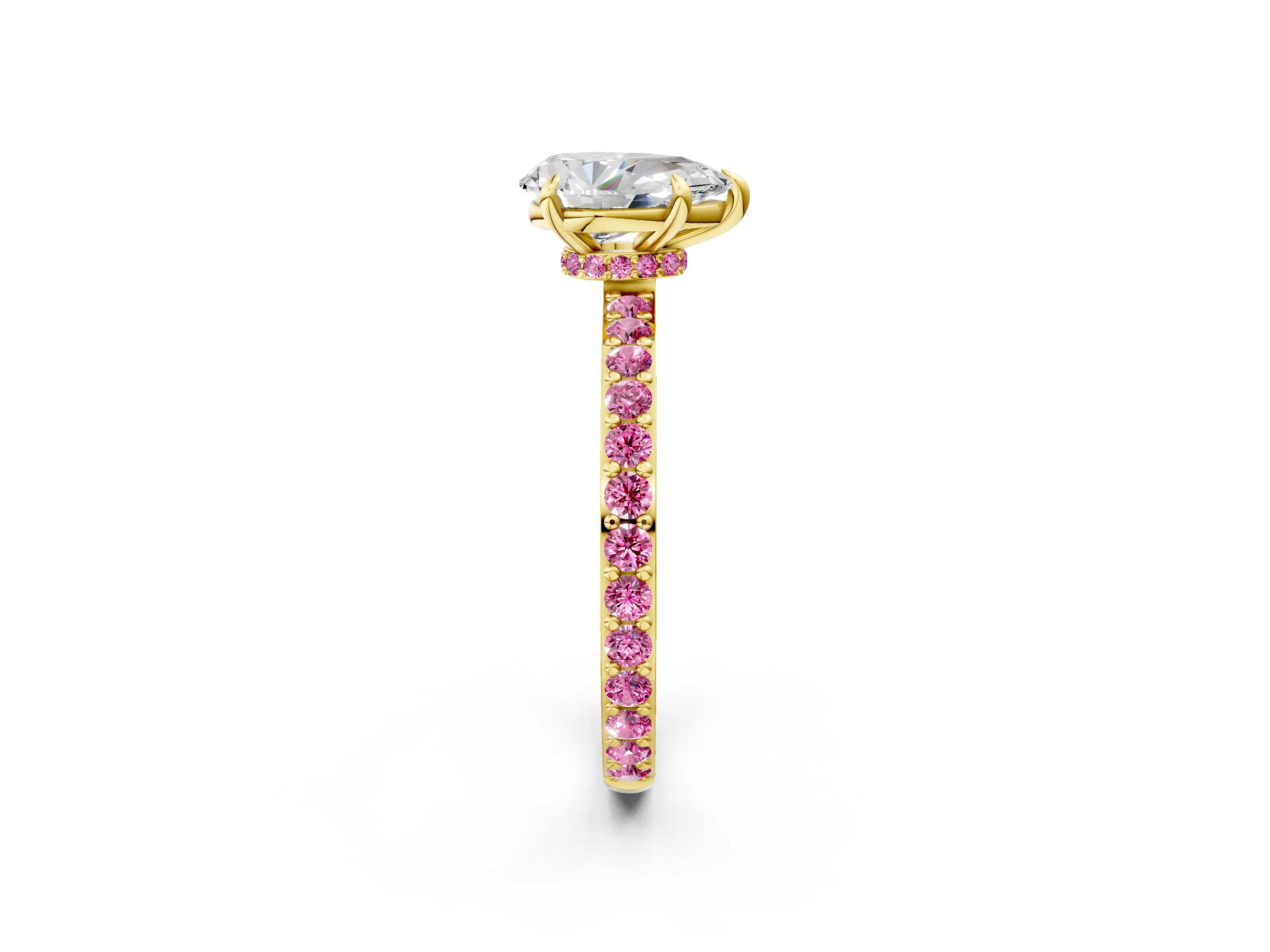 Yellow gold Pear Cut Diamond Pavé Engagement Ring with Round with Pink Sapphire side stone Accents and Prong Setting_2