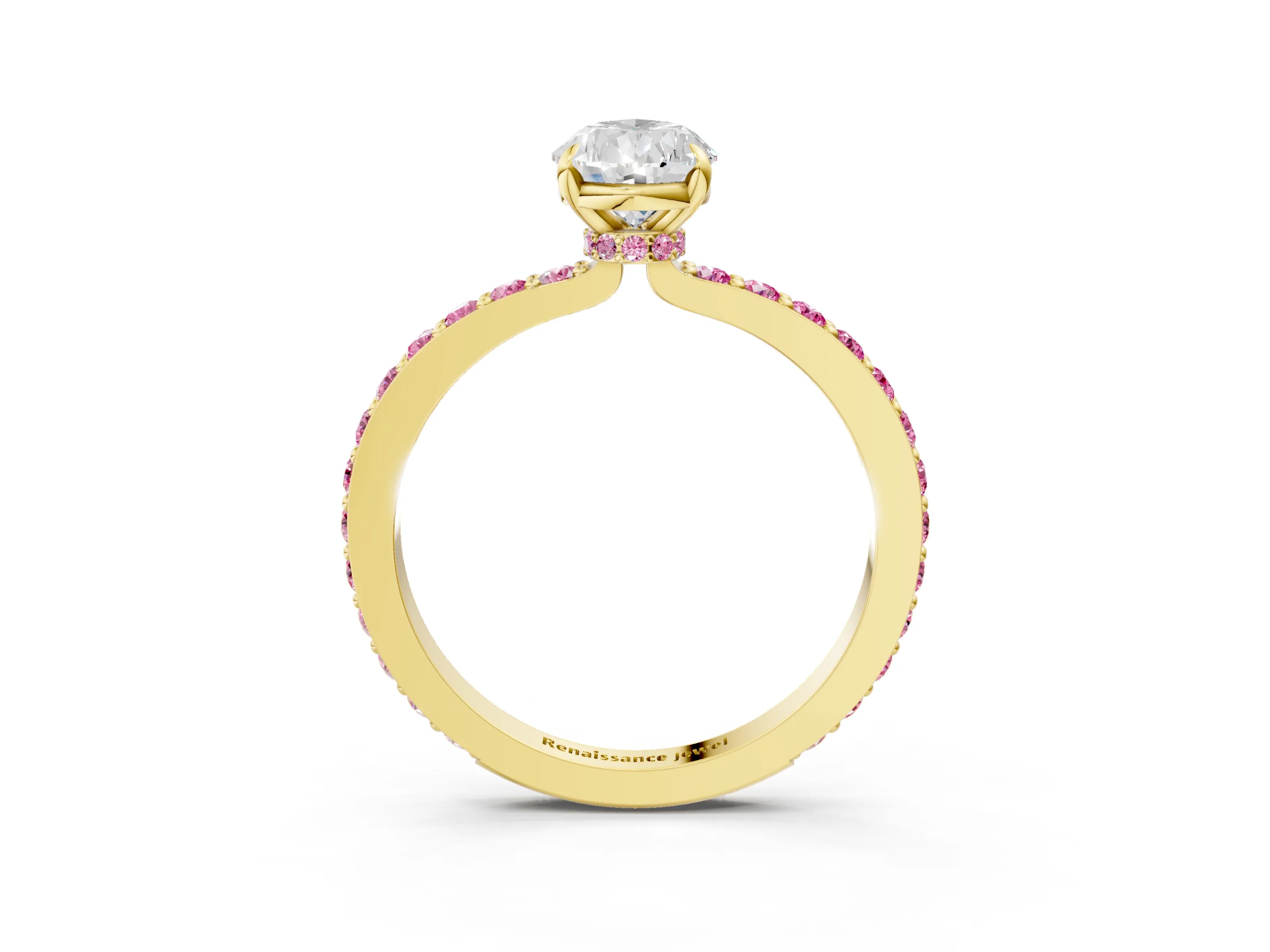 Yellow gold Pear Cut Diamond Pavé Engagement Ring with Round with Pink Sapphire side stone Accents and Prong Setting_3