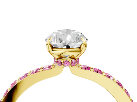 Yellow gold Pear Cut Diamond Pavé Engagement Ring with Round with Pink Sapphire side stone Accents and Prong Setting_4