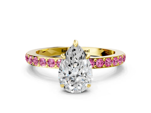 Yellow gold Pear Cut Diamond Pavé Engagement Ring with Round with Pink Sapphire side stone Accents and Prong Setting