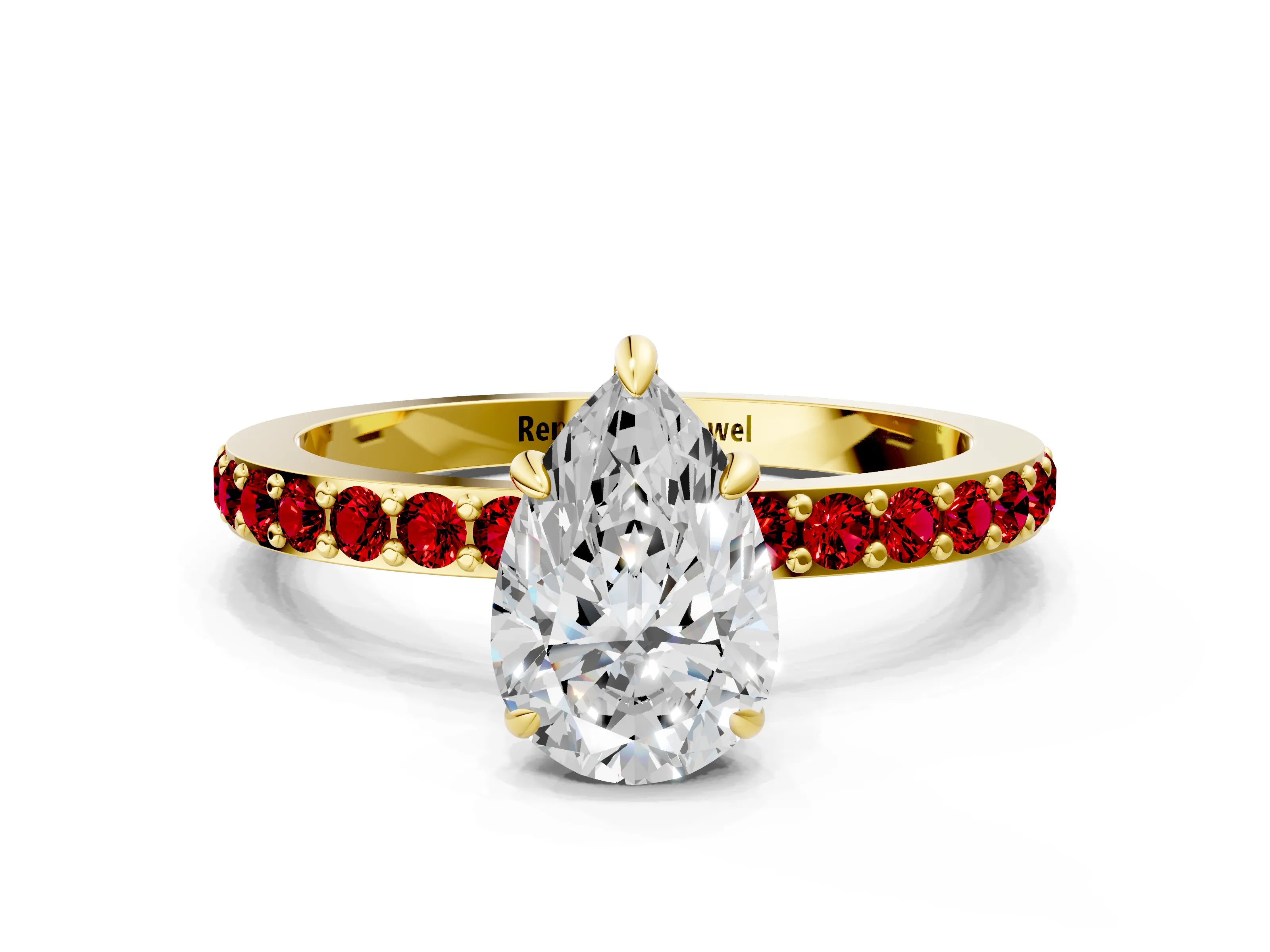 Yellow gold Pear Cut Diamond Pavé Engagement Ring with Round with Ruby side stone Accents and Prong Setting