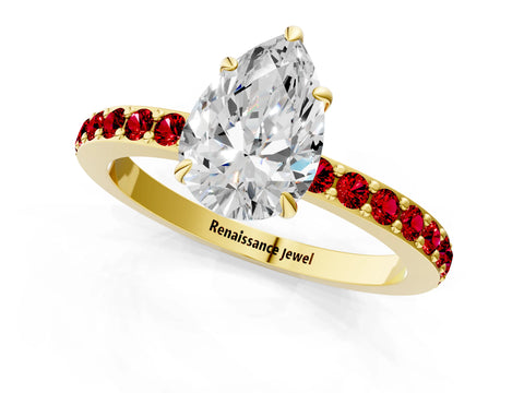 Yellow gold Pear Cut Diamond Pavé Engagement Ring with Round with Ruby side stone Accents and Prong Setting_1