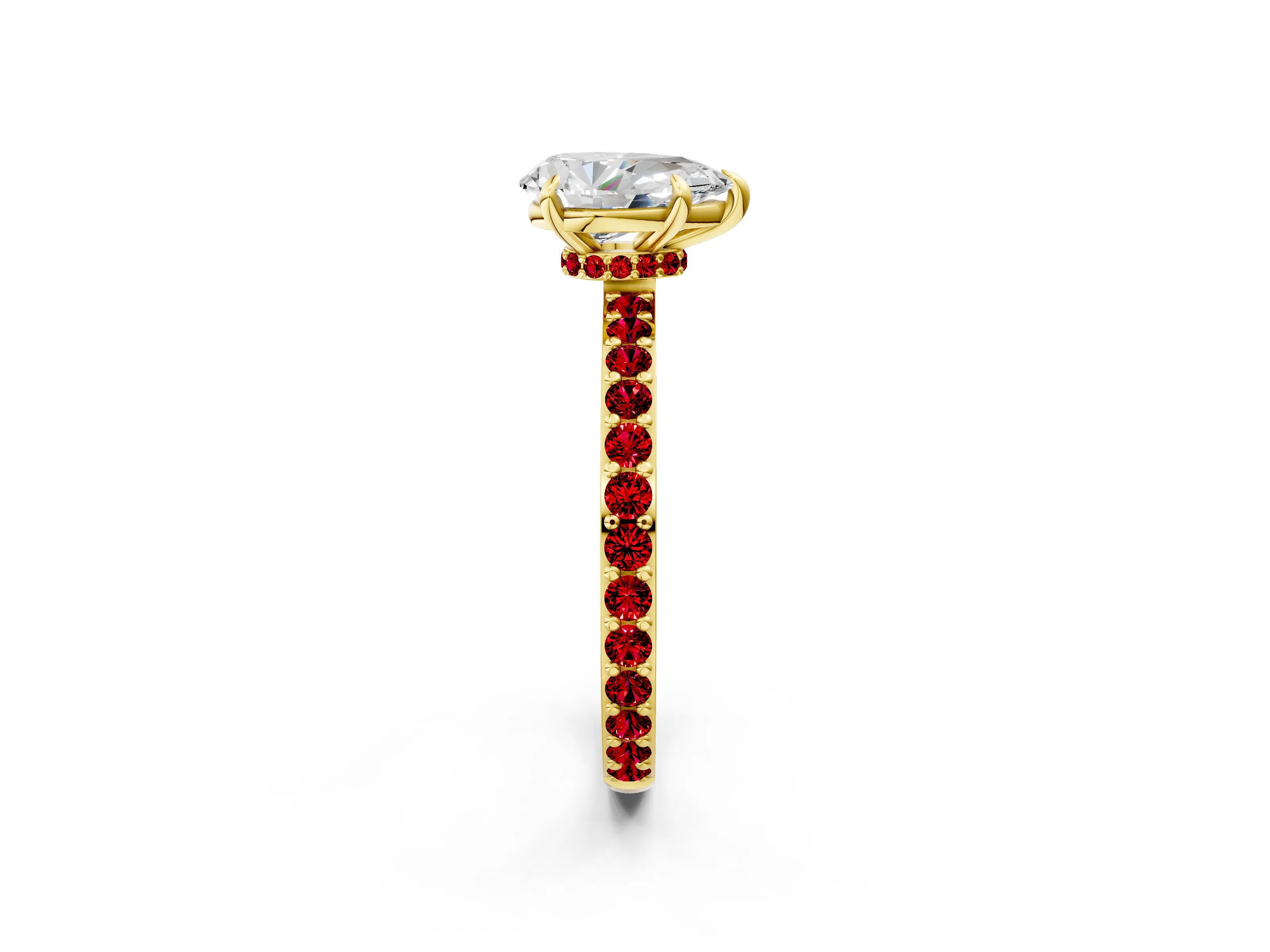 Yellow gold Pear Cut Diamond Pavé Engagement Ring with Round with Ruby side stone Accents and Prong Setting_2