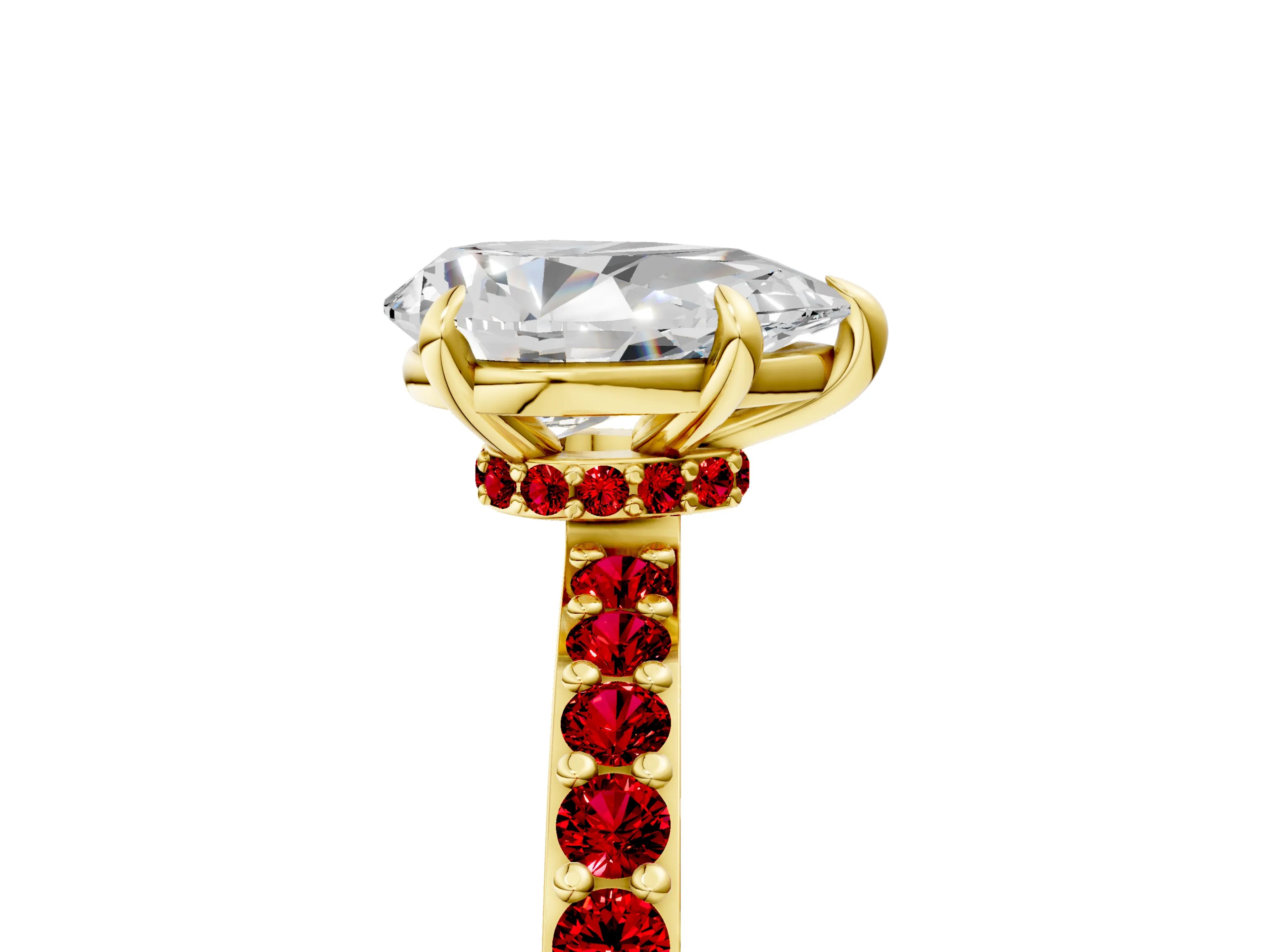 Yellow gold Pear Cut Diamond Pavé Engagement Ring with Round with Ruby side stone Accents and Prong Setting_5
