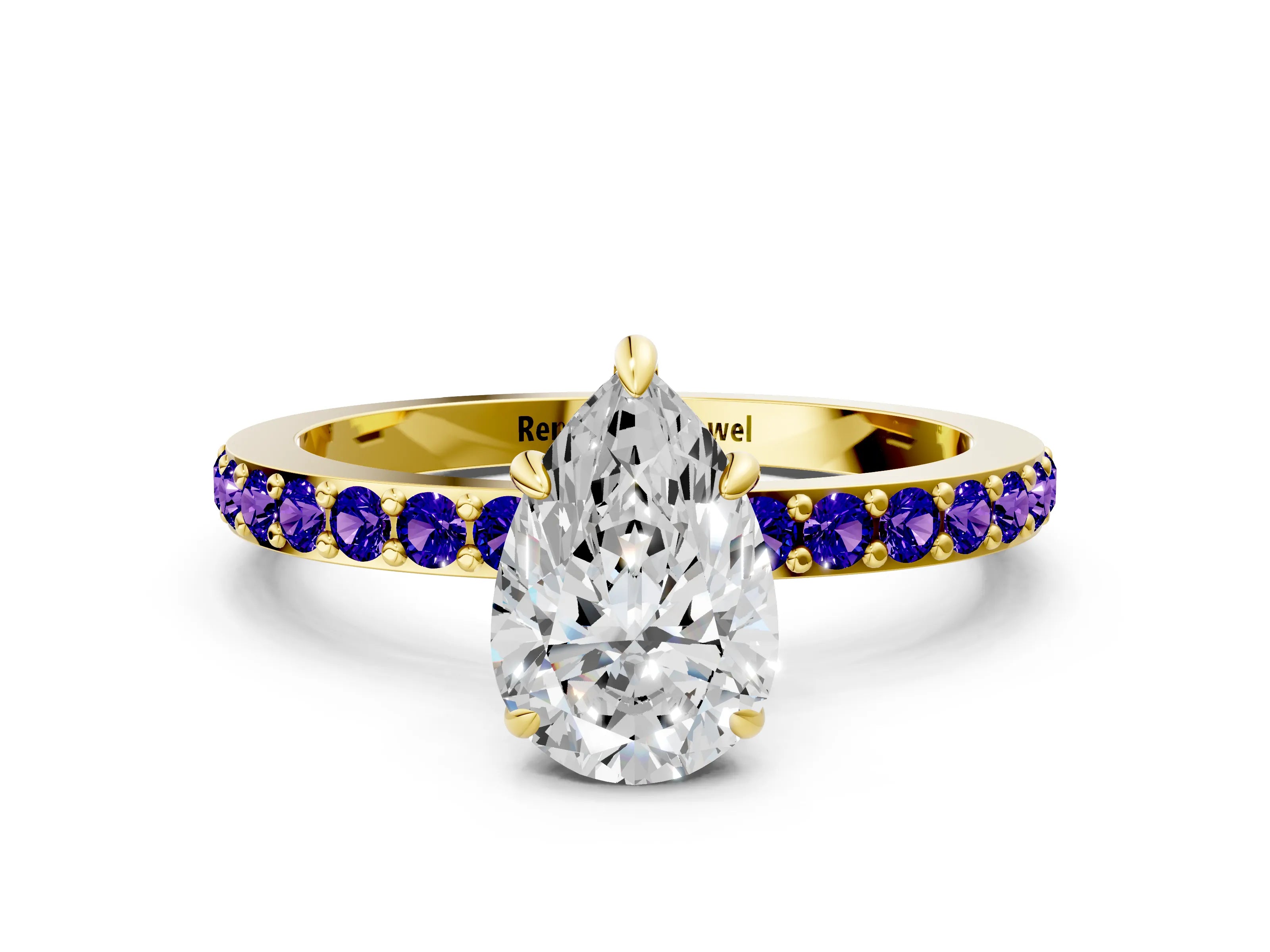 Yellow gold Pear Cut Diamond Pavé Engagement Ring with Round with Tanzanite side stone Accents and Prong Setting
