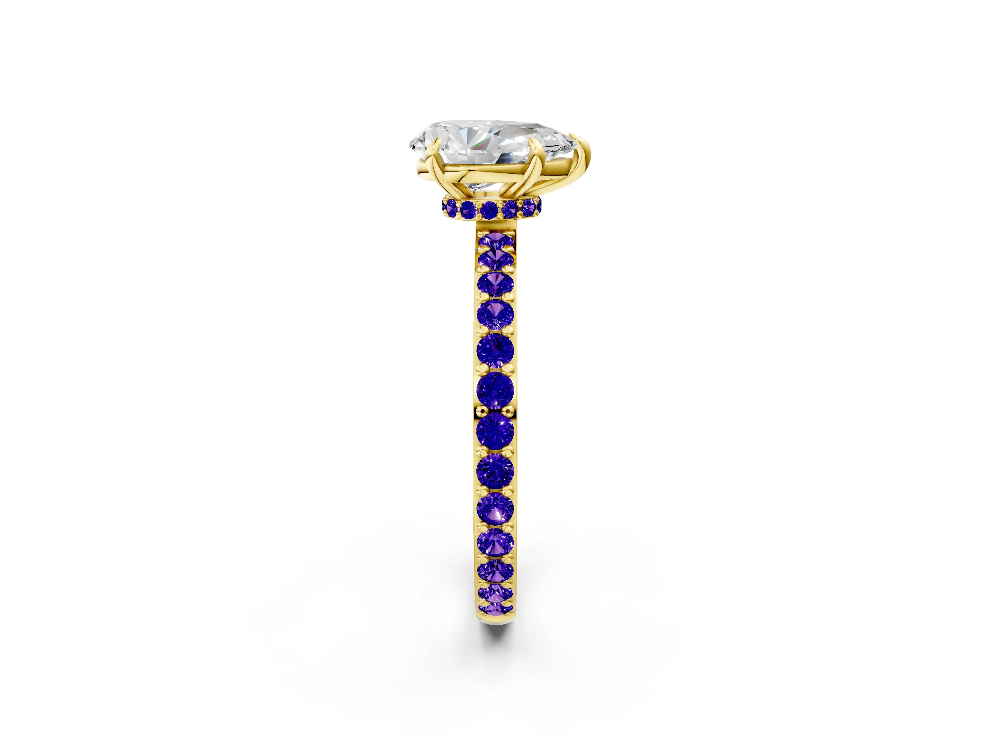Yellow gold Pear Cut Diamond Pavé Engagement Ring with Round with Tanzanite side stone Accents and Prong Setting_2