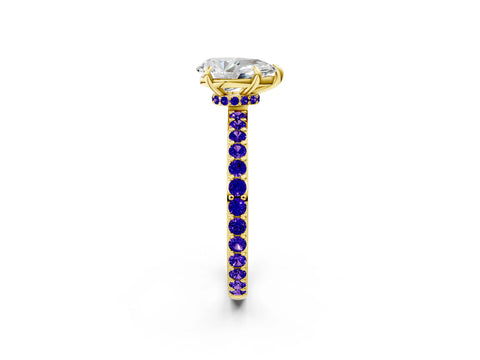 Yellow gold Pear Cut Diamond Pavé Engagement Ring with Round with Tanzanite side stone Accents and Prong Setting_2