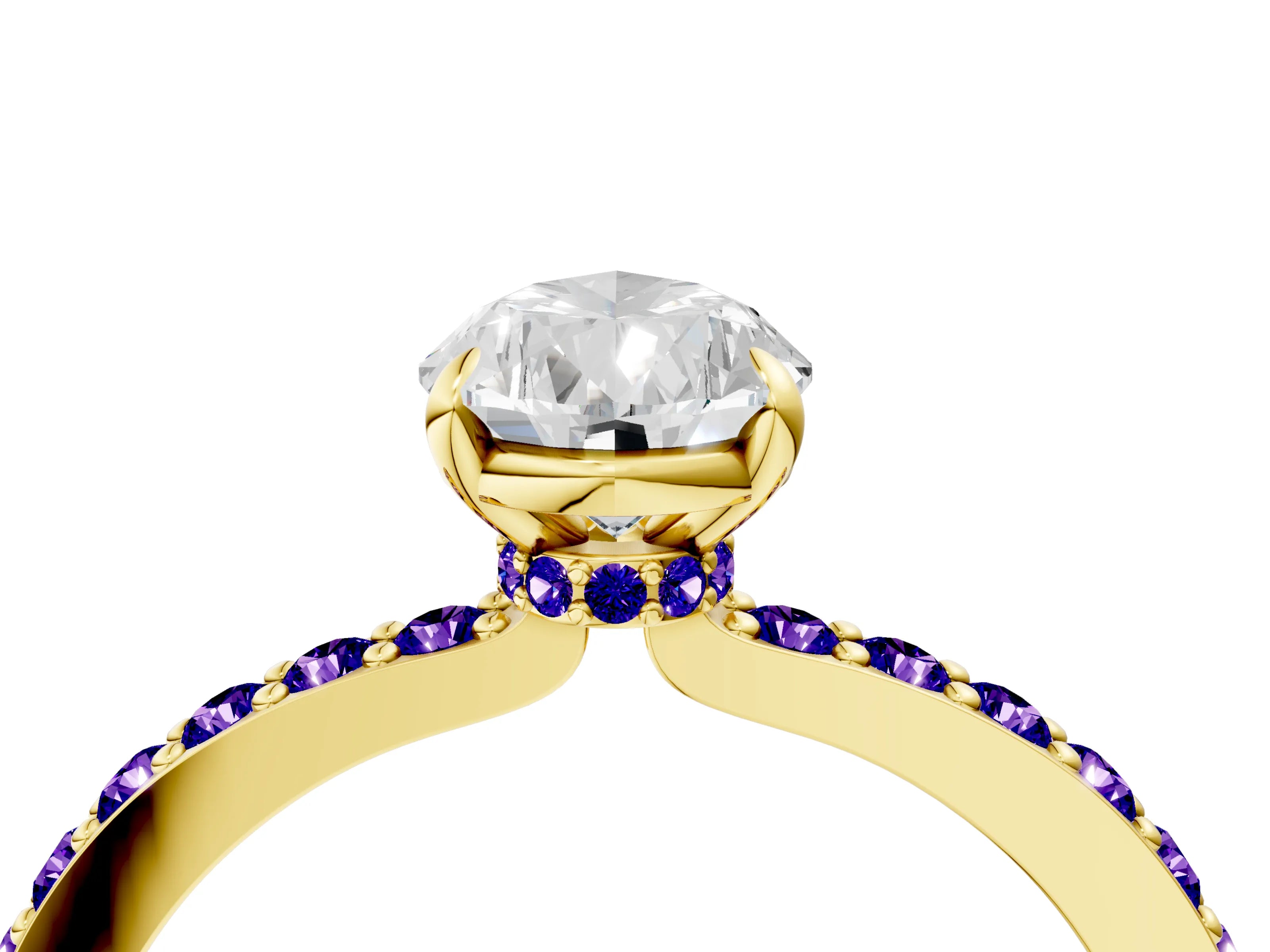 Yellow gold Pear Cut Diamond Pavé Engagement Ring with Round with Tanzanite side stone Accents and Prong Setting_4