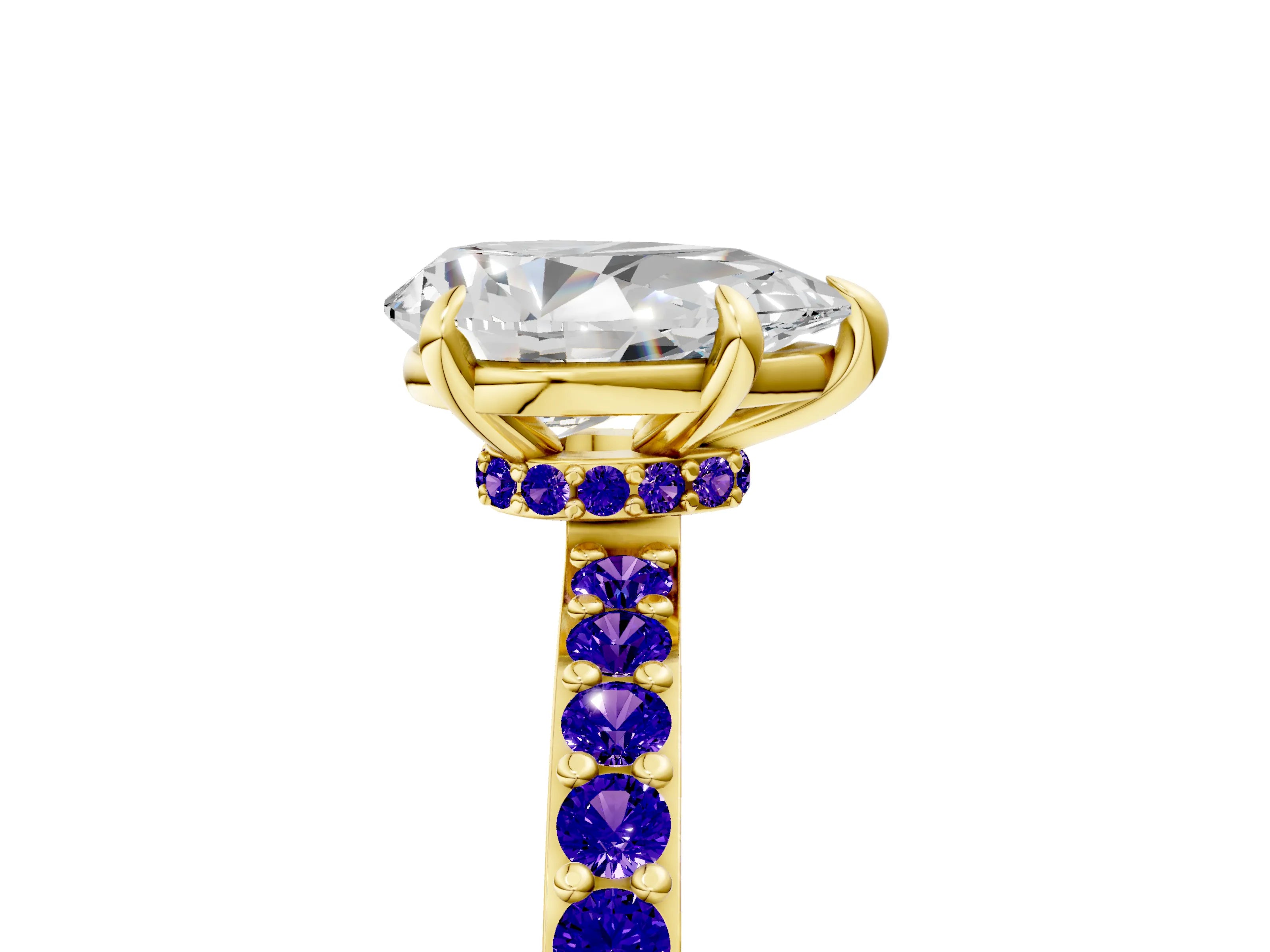 Yellow gold Pear Cut Diamond Pavé Engagement Ring with Round with Tanzanite side stone Accents and Prong Setting_5