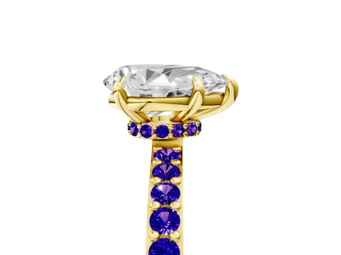 Yellow gold Pear Cut Diamond Pavé Engagement Ring with Round with Tanzanite side stone Accents and Prong Setting_5