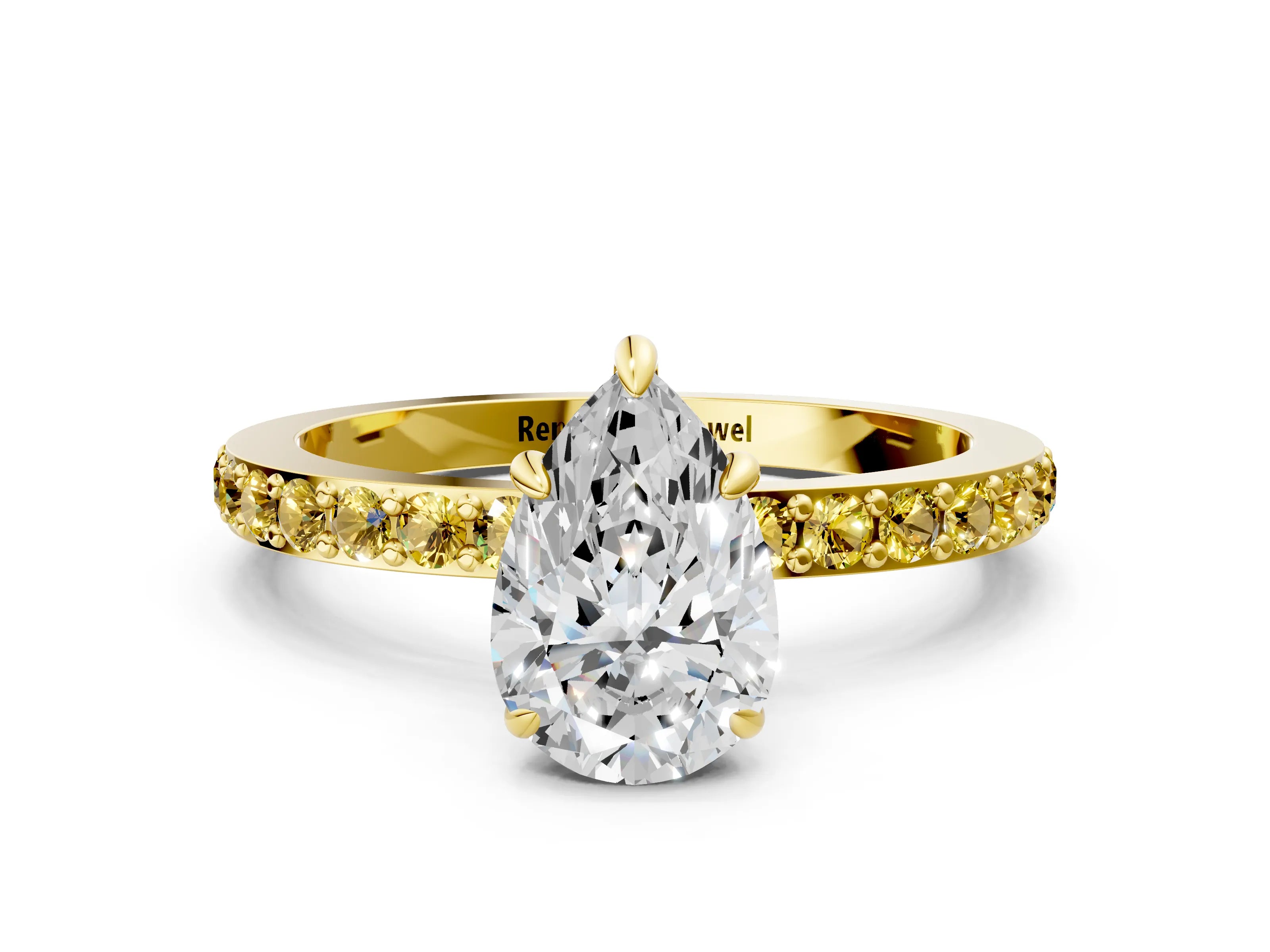Yellow gold Pear Cut Diamond Pavé Engagement Ring with Round with Yellow Sapphire side stone Accents and Prong Setting