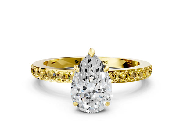 Yellow gold Pear Cut Diamond Pavé Engagement Ring with Round with Yellow Sapphire side stone Accents and Prong Setting