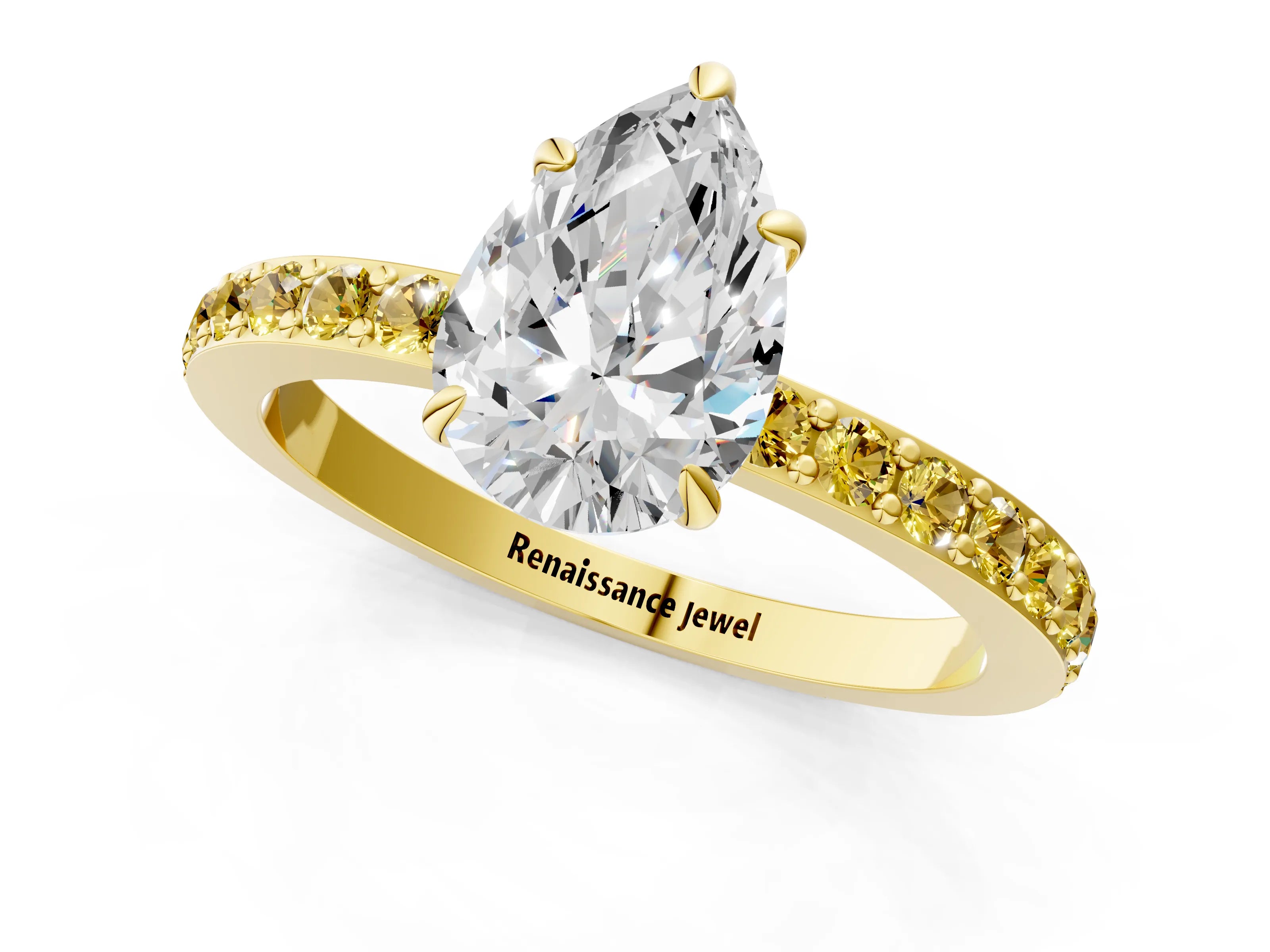 Yellow gold Pear Cut Diamond Pavé Engagement Ring with Round with Yellow Sapphire side stone Accents and Prong Setting_1