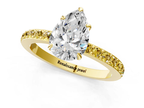 Yellow gold Pear Cut Diamond Pavé Engagement Ring with Round with Yellow Sapphire side stone Accents and Prong Setting_1