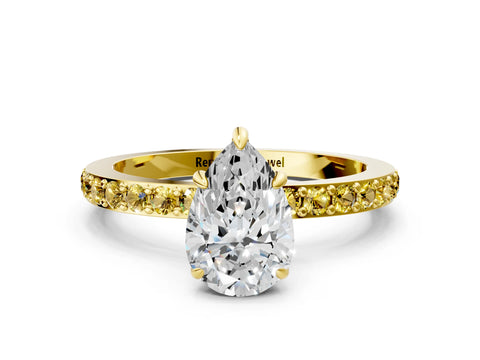 Yellow gold Pear Cut Diamond Pavé Engagement Ring with Round with Yellow Sapphire side stone Accents and Prong Setting