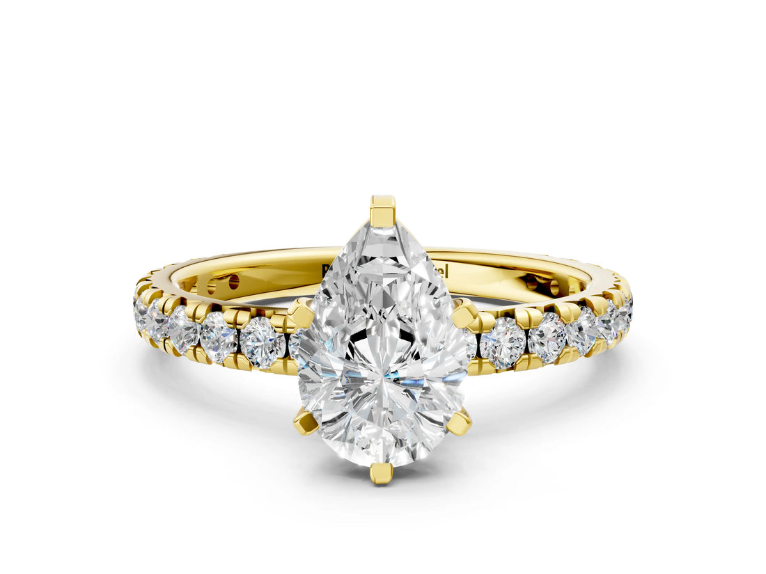 Yellow gold Pear Cut Diamond Pavé Solitaire Ring with Round Band and Prong Setting_12