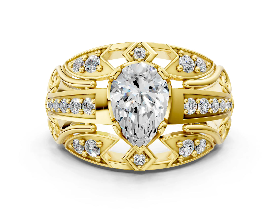 Yellow gold Pear Cut Diamond Pave Art Deco Split Shank Ring with Four-Prong Setting_9