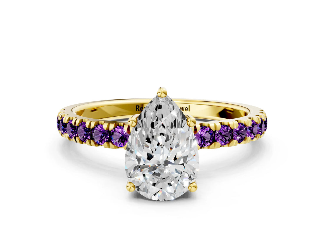 Yellow gold Pear Cut Diamond Pave Band Solitaire Ring with Round with Amethyst side stone and Prong Setting