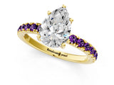 Yellow gold Pear Cut Diamond Pave Band Solitaire Ring with Round with Amethyst side stone and Prong Setting_1