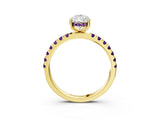 Yellow gold Pear Cut Diamond Pave Band Solitaire Ring with Round with Amethyst side stone and Prong Setting_3