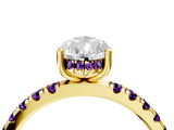 Yellow gold Pear Cut Diamond Pave Band Solitaire Ring with Round with Amethyst side stone and Prong Setting_4