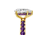 Yellow gold Pear Cut Diamond Pave Band Solitaire Ring with Round with Amethyst side stone and Prong Setting_5