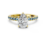 Yellow gold Pear Cut Diamond Pave Band Solitaire Ring with Round with Aquamarine side stone and Prong Setting_12