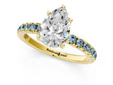 Yellow gold Pear Cut Diamond Pave Band Solitaire Ring with Round with Aquamarine side stone and Prong Setting_13