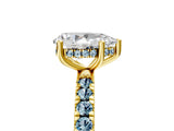 Yellow gold Pear Cut Diamond Pave Band Solitaire Ring with Round with Aquamarine side stone and Prong Setting_17
